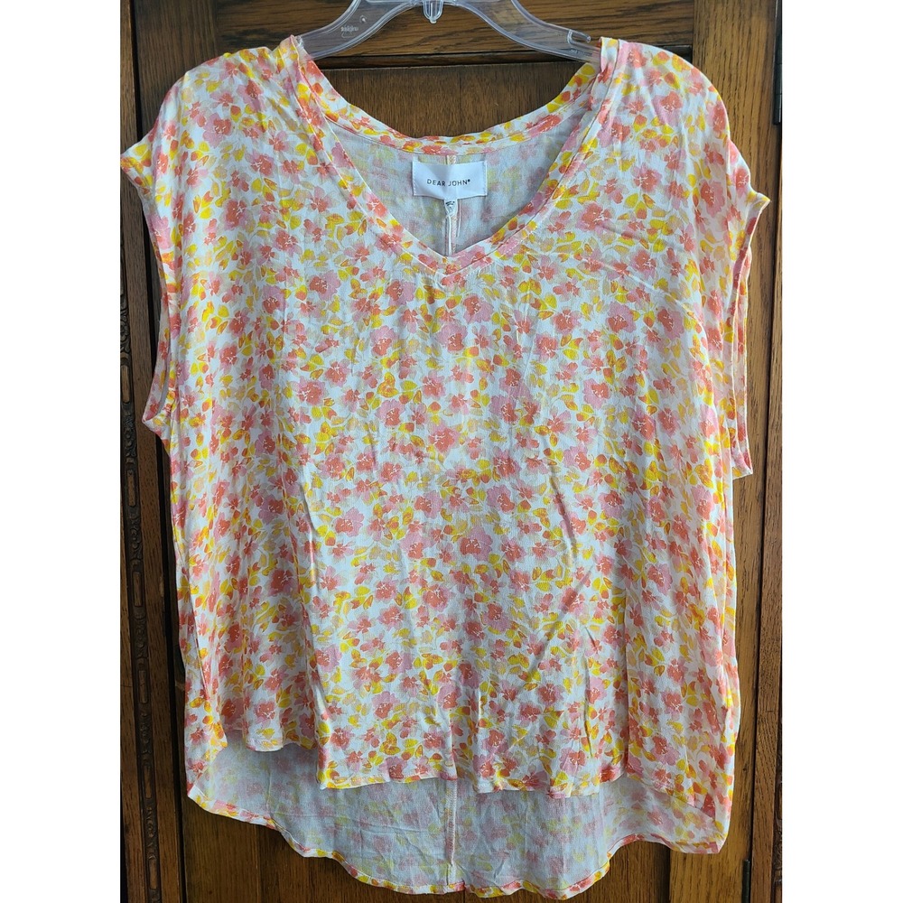 Dear John Floral V-Neck Top Pink Orange Yellow Rayon Blouse Small DSH1049 NEW